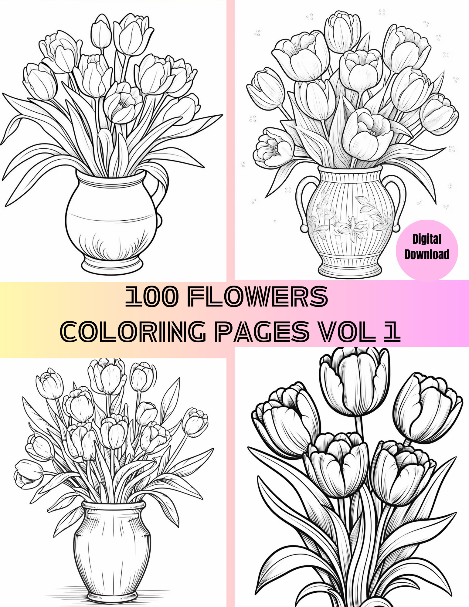 100 Flowers Coloring Pages: Stress Relief for Adults & Kids (PDF ...
