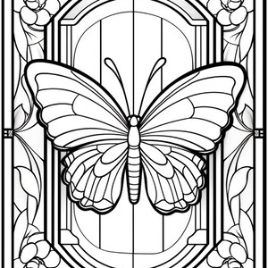 May include: A black and white line art illustration of a butterfly in a stained glass window frame. The butterfly is centred in the frame and has its wings spread out. The frame is decorated with floral designs.