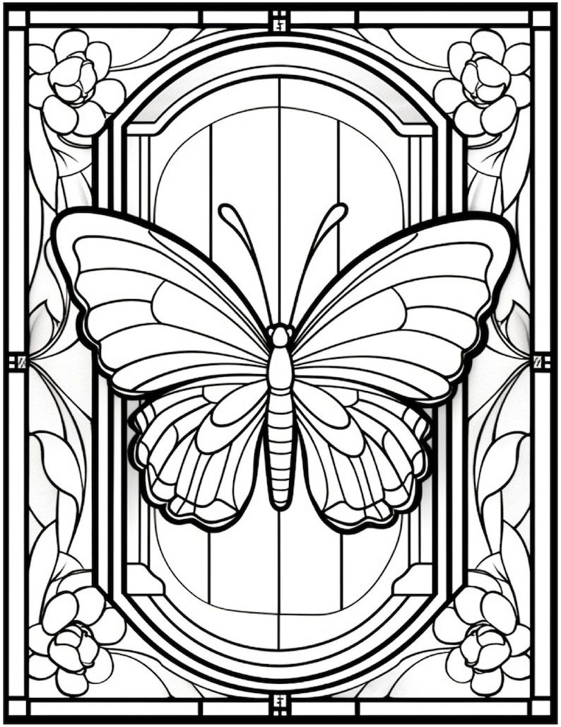 May include: A black and white line art illustration of a butterfly in a stained glass window frame. The butterfly is centred in the frame and has its wings spread out. The frame is decorated with floral designs.