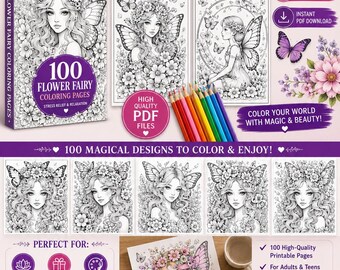 100 Flower Fairy Coloring Pages: Printable Adult Coloring Book (PDF)