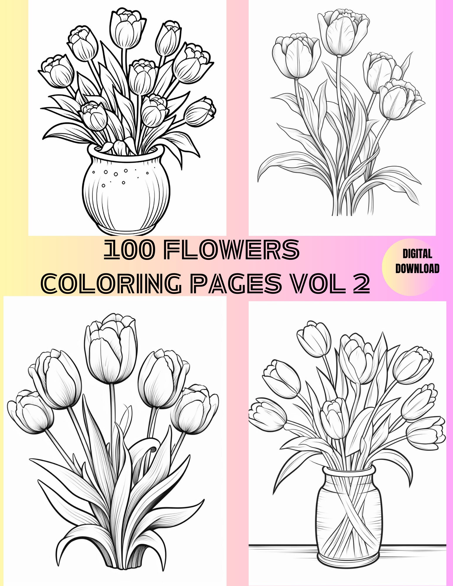Flowers Coloring Pages for Adults and Kids, Stress Relief (pdf Digital ...