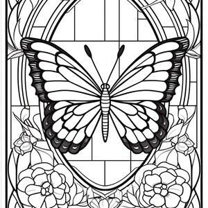 May include: A black and white line drawing of a butterfly in a stained glass window with floral accents.