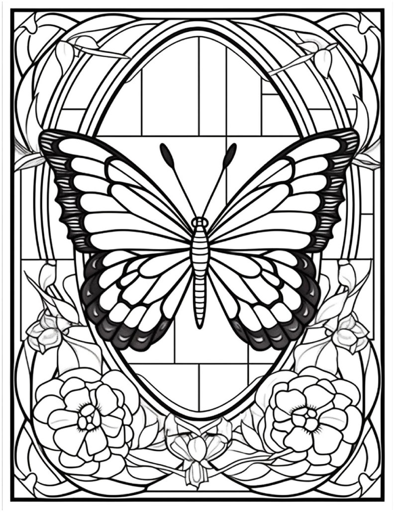 May include: A black and white line drawing of a butterfly in a stained glass window with floral accents.