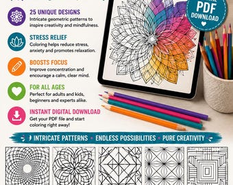 Geometrisch kleurboek: 25 ingewikkelde ontwerpen (digitale download)