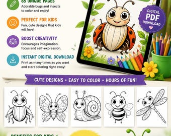 Disegni da colorare di insetti per bambini, 65 fogli stampabili (download digitale)