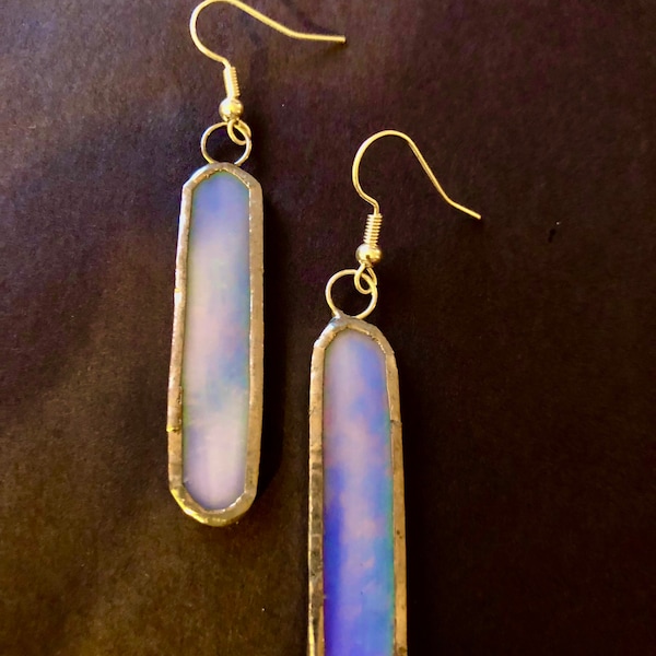 Stained Glass, Blue Opalescent, Long Oval Earrings