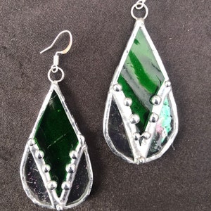 Stained Glass, Teardrop, Dangle Earrings: Translucent Green, Iridescent Clear