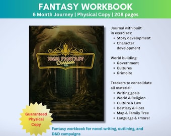 May include: A fantasy workbook with a green and brown cover featuring a large, ornate wooden door. The title "HIGH FANTASY Workbook Lite" is printed in white on a red banner. The workbook is for novel writing, outlining, and D&D campaigns.