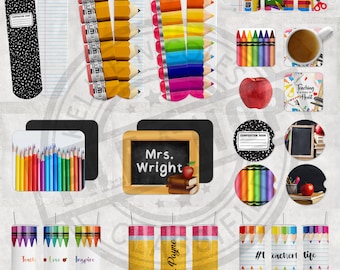 Teacher Appreciation PNG Sublimation Bundle, Tumbler, Mug, Sock, Desk & Car Coasters + Mouse Pad Files