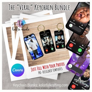 Op de afbeelding: Een digitale mockup van een telefoon-sleutelhanger met een foto van een man en de tekst "If Heaven Had A Phone". De sleutelhanger maakt deel uit van een bundel telefoon-sleutelhanger-mockups met de tekst "The "Viral" Keychain Bundle" en "Just Fill With Your Photos Pre-Designed Templates".