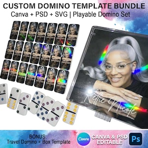 Peut inclure: Un ensemble de modèles de dominos personnalisés avec le texte "CUSTOM DOMINO TEMPLATE BUNDLE" et "Canva + PSD + SVG | Playable Domino Set". L'ensemble comprend des dominos avec l'image d'une femme et un modèle de voyage et de boîte de dominos en prime.