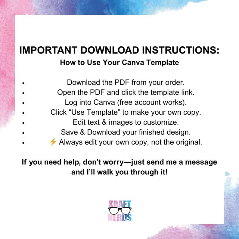 May include: White graphic with instructions on how to use a Canva template. The text includes steps like downloading a PDF, opening a link, logging into Canva, and editing the design. The Kraft Nerds logo is at the bottom.
