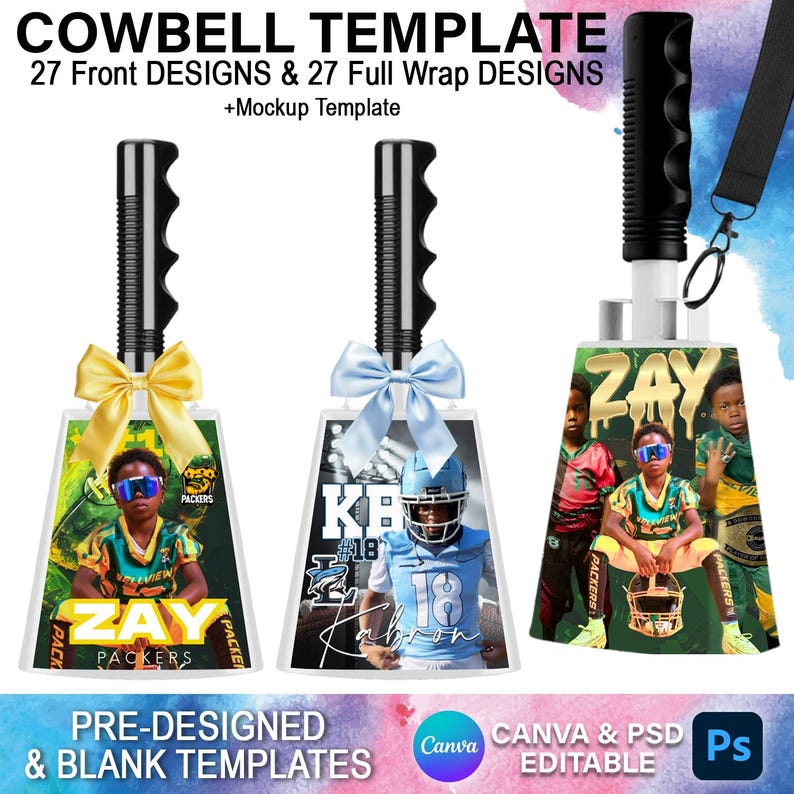 May include: Three cowbells with black handles and decorative bows. The cowbells feature football-themed designs with player images and team logos. Text on the cowbells includes "ZAY", "KB #18", and "PACKERS". The image also displays the text "COWBELL TEMPLATE" and "PRE-DESIGNED & BLANK TEMPLATES".