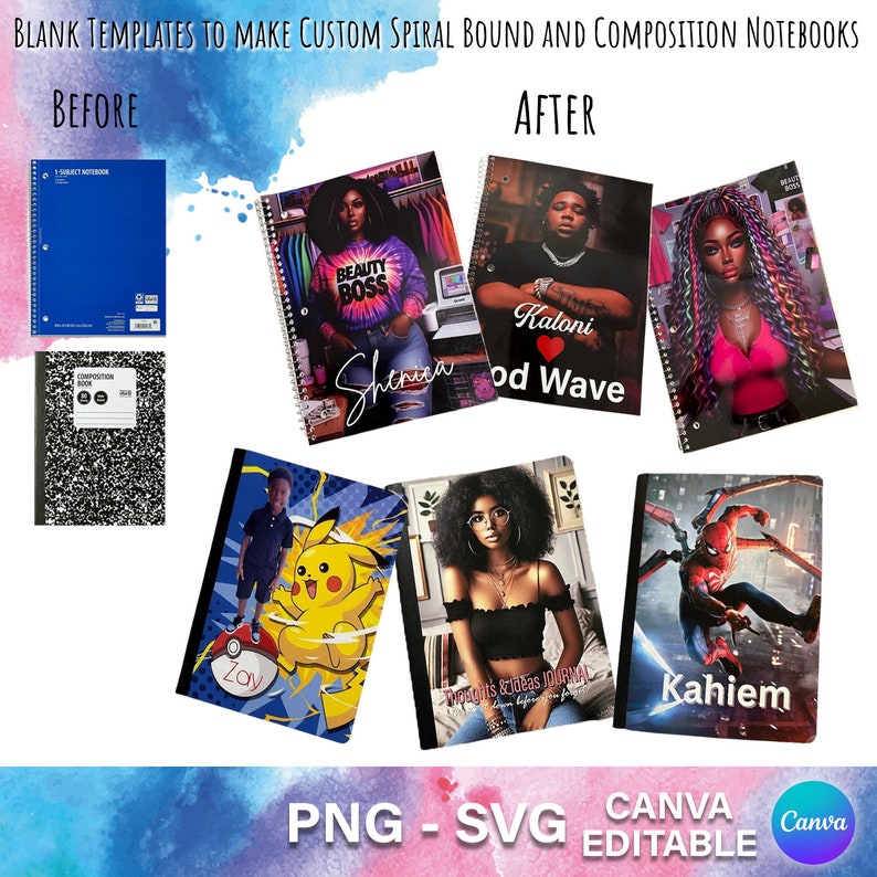 May include: Six spiral bound notebooks with custom designs. The notebooks have black covers with colorful images and text. The designs include a woman with the text "Beauty Boss", a man with the text "Kaloni Good Wave", a woman with pink hair, a boy with a Pikachu, a woman with glasses, and a Spiderman.