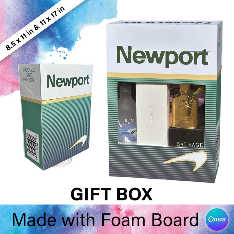 May include: A green and white gift box with the word "Newport" printed on it. The box is 8.5 inches by 11 inches and 11 inches by 17 inches. The box has a window that shows two bottles of perfume. The box is made of foam board.