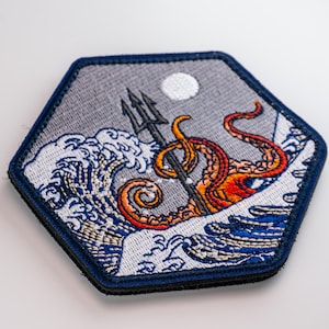 Japanese Kraken Morale Patch Hook and Loop, Hexagon Octopus Trident Tactical Badge, Wave Ocean Patch for EDC Backpacks, Caps & Vests