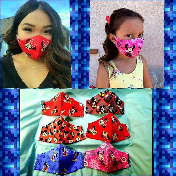 Mickey Mouse/Minnie Mouse face mask-2Layers 100%cotton with filter pouch-Cartoon character face mask!Pink Minnie Mouse- kids and adult size!