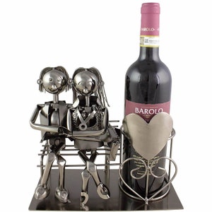 Bottle Holder Wedding Couple, Lovers on Bench Metal Sculpture