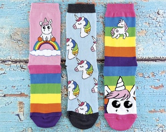 3 Pk Ladies Striped Rainbow Unicorn Socks