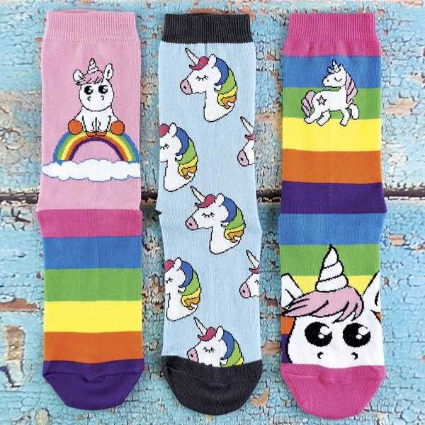 3 Pk Ladies Striped Rainbow Unicorn Chaussettes