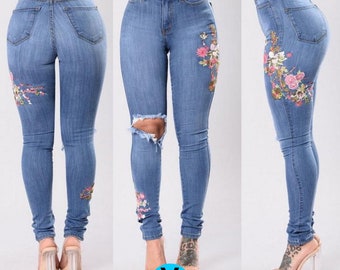 denim floral casual pants