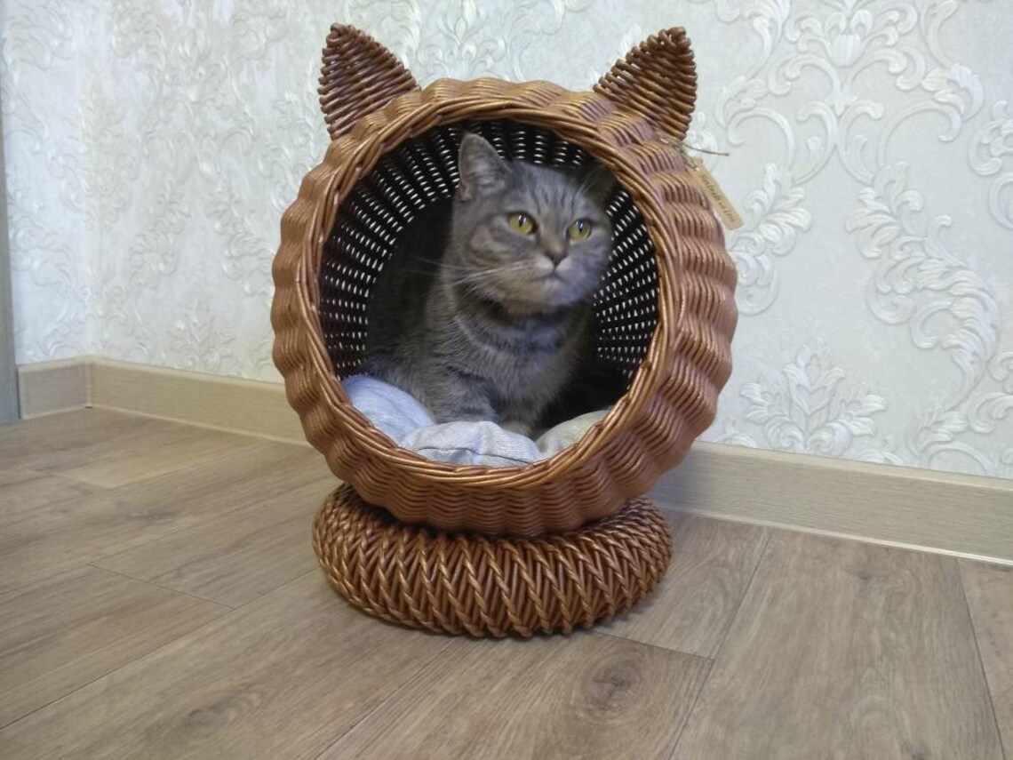 Cozy wicker cat bed Brown cat house Wicker cat basket bed with Etsy