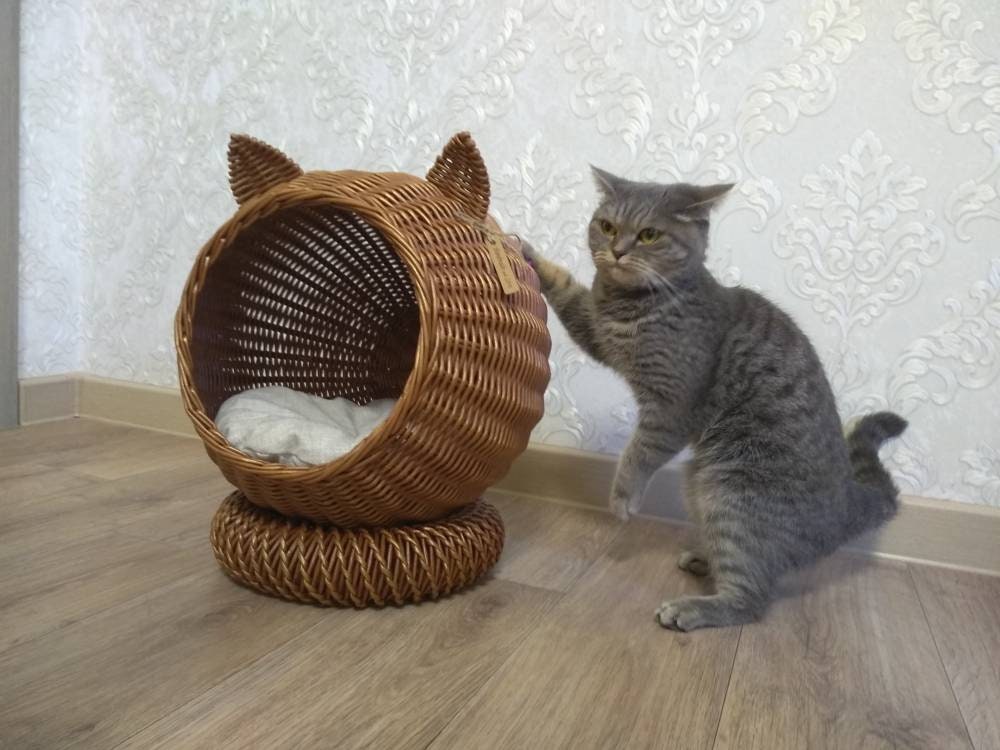 Cozy wicker cat bed Brown cat house Wicker cat basket bed with Etsy