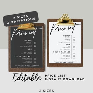 Printable Price List Template - Salon Price Sheet, Price Guide Template, Pricing List Salon, Price List Editable, Hair Salon Menu
