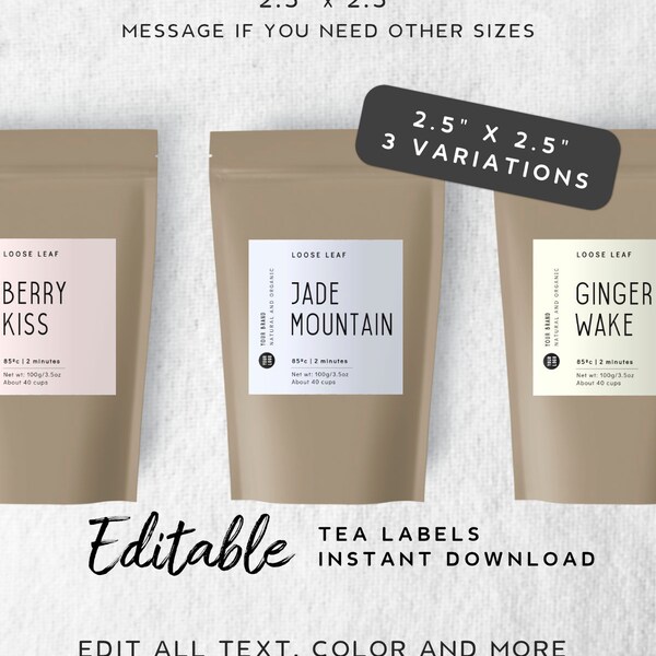 Printable Tea Label Template - Business Label Editable, Customizable Label Product, Kraft Bag Label Download, Paper Pouch Sticker Label