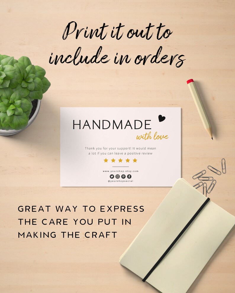 May include: A white card with black text that reads "HANDMADE with love". The card also includes a gold star rating, a website address, and a social media handle. The text below the card reads "GREAT WAY TO EXPRESS THE CARE YOU PUT IN MAKING THE CRAFT".