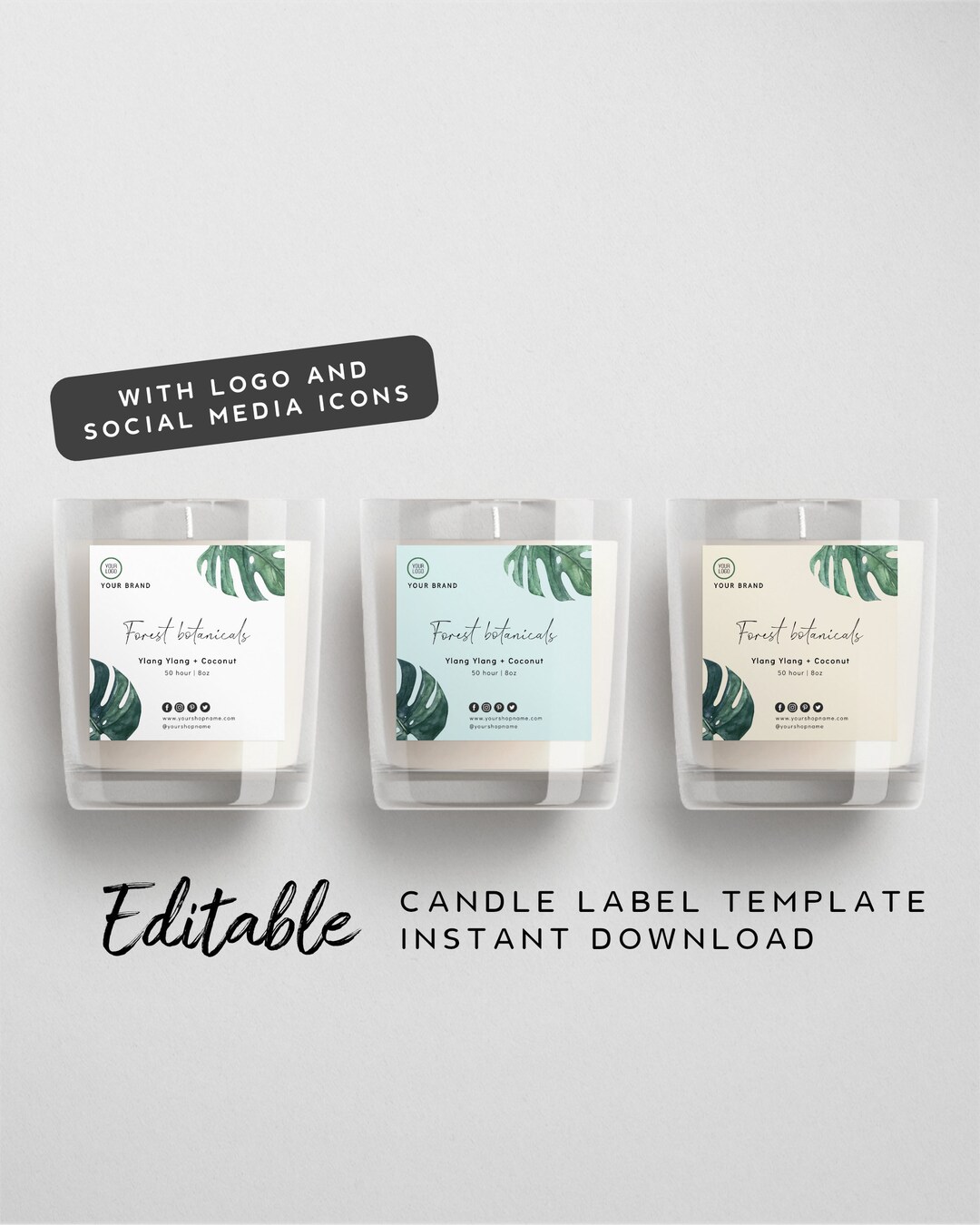 Botanic Candle Label Template Green Candle Jar Label Template, Custom