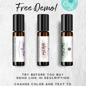 May include: Three 10 ml essential oil roller bottles with labels that say "Relaxing Blend", "Uplift Blend", and "Refresh Blend". The labels are pink, white, and green with brushstrokes. The bottles are on a white background with the text "Free Demo!" and "Try Before You Buy Demo Link in Description Change Color and Text to Perfectly Match Your Brand".