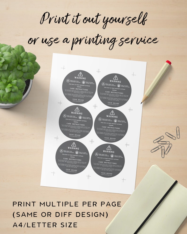May include: A printable sheet with six warning labels for products. Each label has a circle with a warning symbol, the word "WARNING", care instructions, and space for a brand name. The text at the bottom of the sheet reads "PRINT MULTIPLE PER PAGE (SAME OR DIFF DESIGN) A4/LETTER SIZE".