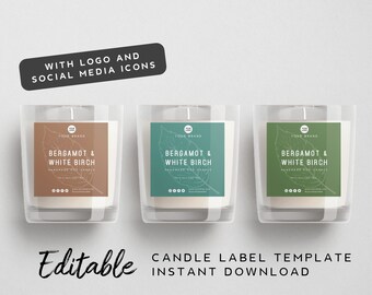 May include: Three candle jars with labels that say "Your Brand" and "Bergamot & White Birch Handmade Soy Candle". The labels are in different colors: brown, green, and teal. The text "Editable Candle Label Template Instant Download" is below the jars.