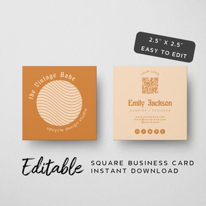 Modelo de cartão de visita quadrado com código QR geométrico retrô - download instantâneo, design de cartão de círculo laranja, vintage, vibrações de discoteca, modelo laranja