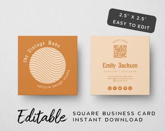 Retro Geometric QR Code Square Business Card Template - Instant Download, Orange Circle Card Design, Vintage, Disco Vibes, Orange Template