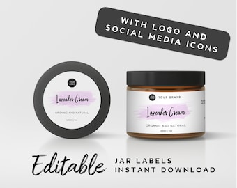 Cosmetic Labels for Jars - Custom Product Labels, Mason Jar Label Template, Skin Care Product Label Printable, Cream Label with Logo