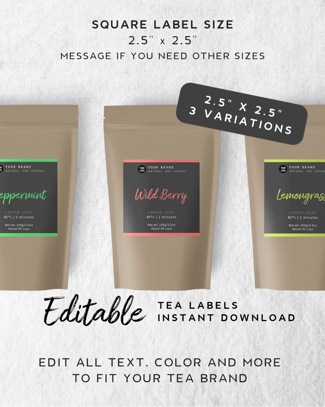 Printable Tea Bag Label Template Black Product Label, Paper Pouch Label
