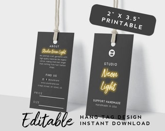 Modelo de etiqueta pendurada com texto neon - etiqueta preta para roupas, modelo de etiqueta de varejo, design de etiqueta de produto imprimível, etiqueta pendurada de vestuário personalizada