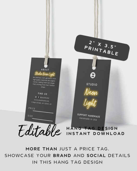 Neon Text Hang Tag Template Black Tag for Clothes, Retail Tag Template,  Printable Product Tag Design, Apparel Hang Tag Custom 