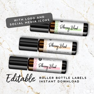May include: Three printable labels for roller bottles with a white background and black polka dots. The labels feature the text "Relaxing Blend" in a handwritten font and the words "RELAX I UPLIFT I CALMS" in a smaller font. The labels are editable and can be used for essential oils or other liquids.
