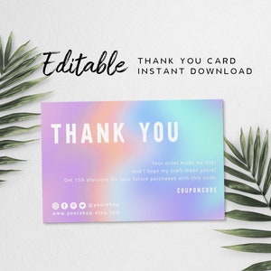 Thank You Card Design - Holographic Branding Design, DIY Branding Card Template, Order Insert Card Design, Business Printable, Rainbow