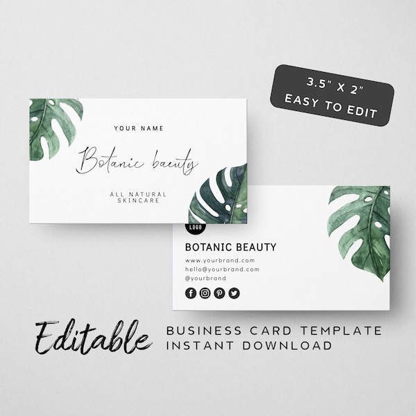 Plant Business Card Design Template - Greenery Call Card Template, Green Leaf Order Insert Template, Swiss Cheese Plant, 3.5" x 2"