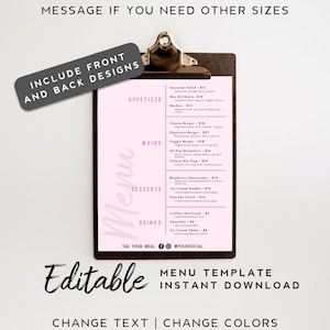 Printable Menu Template - Restaurant Menu Design Template, Pink Menu Download, Wedding Menu, Editable Menu, DIY Menu Template, Price List
