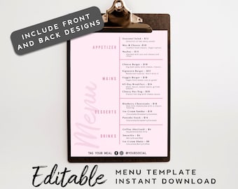 Printable Menu Template - Restaurant Menu Design Template, Pink Menu Download, Wedding Menu, Editable Menu, DIY Menu Template, Price List