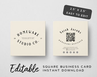 Neutral Tone Square Business Card With QR Code - Vintage Business Card Template, Personal Branding Card, Furniture, Retro, Curved Text