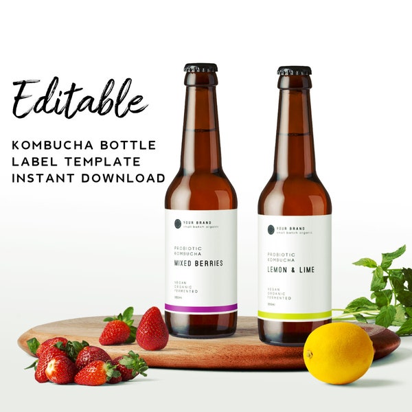 Printable Kombucha Bottle Label Template - Juice Label Business Branding, Minimalist Product Label for Beer Bottle, Beverage Label Branding