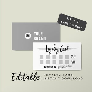 Plantilla de tarjeta de fidelidad lista para imprimir: tarjeta de recompensas minimalista, tarjeta de sello gris, descarga instantánea, tarjeta de fidelidad empresarial, tienda imprimible
