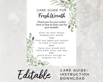Fresh Wreath Care Card Printable - Instruction Card Template, Corjl, Order Insert Card, Customer Care Guide, Care Sheet, Package Card Insert