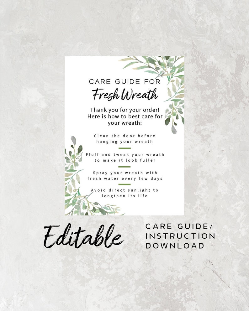 Fresh Wreath Care Card Printable Instruction Card Template Etsy